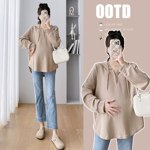 2024 real shot in stock new pregnant women autumn and winter half zipper hooded embroidery waffle pullover casual Korean version of the sweater