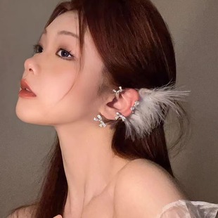 Advanced Sense Diamond-encrusted Pearl Butterfly Feather Ear Hanging Internet Popular Super Fairy Elf Ear Elegant Earrings Advanced Sense Earrings for Women