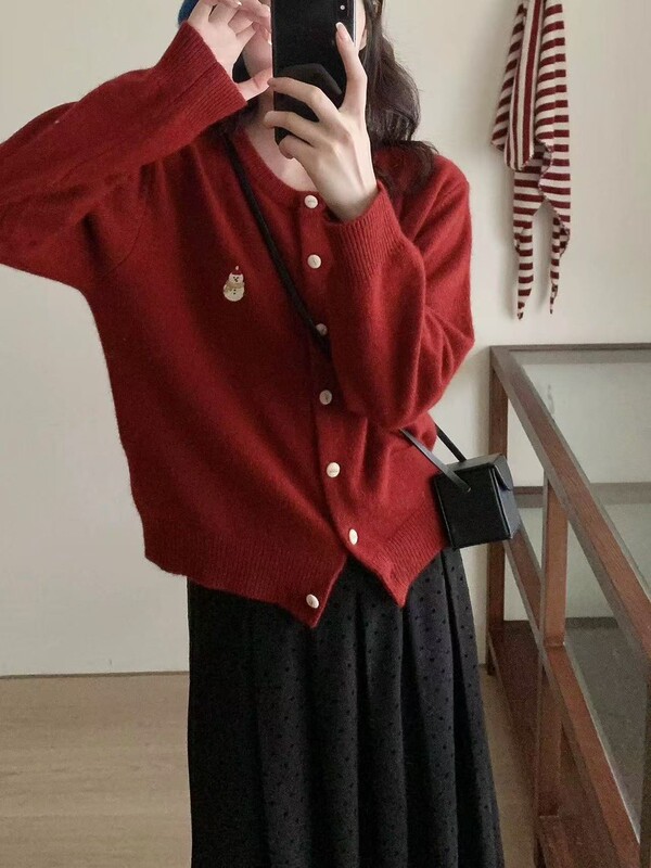 韩系慵懒风宽松刺绣小熊毛衣外套胖mm2025年冬大码甜美针织开衫女|undefined