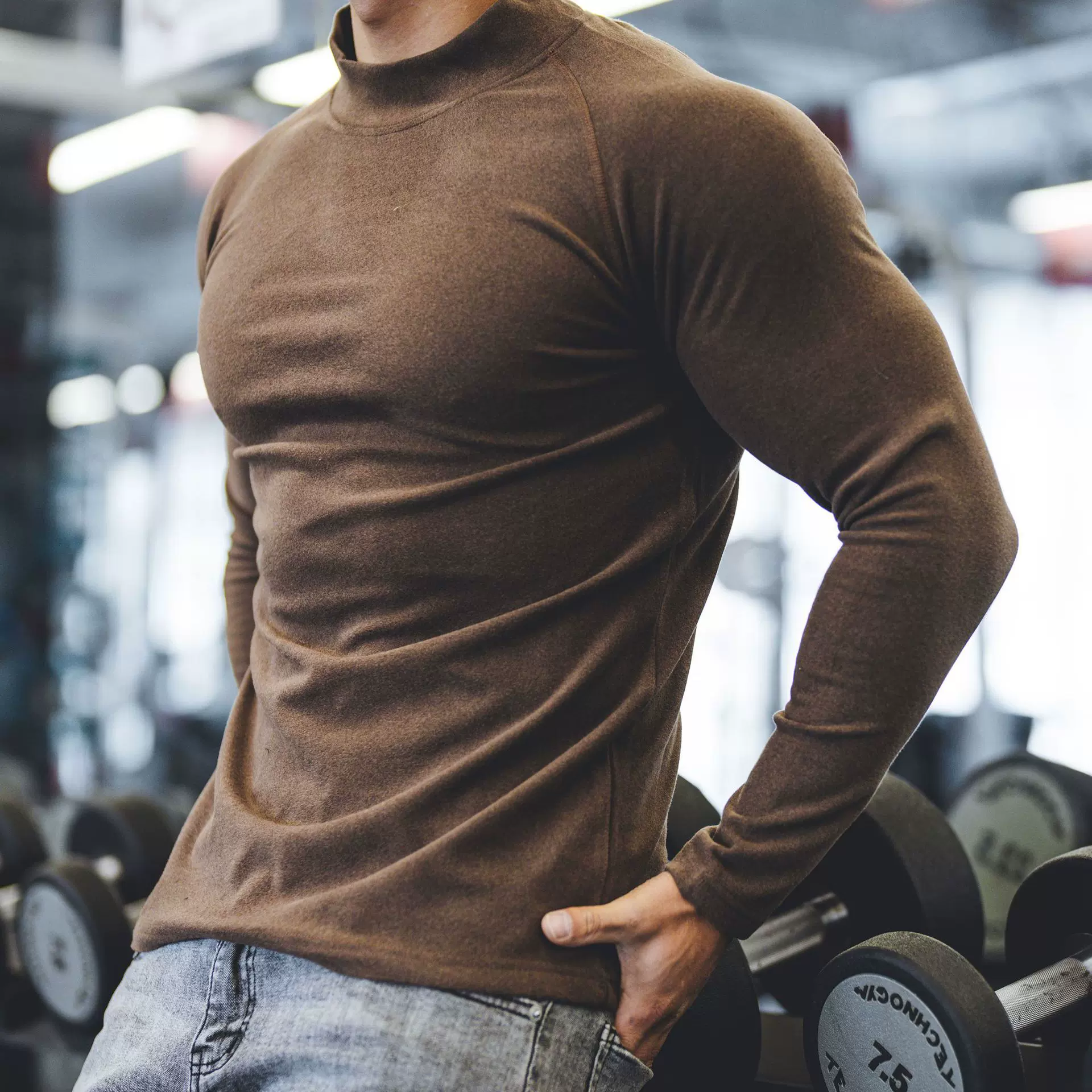 肌肉秋冬新款男运动休闲跑步健身纯色小马哥同款双面德绒插肩长袖