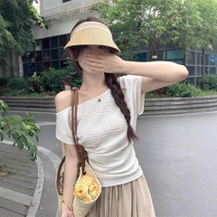 オリジナル生地の斜め肩筋感斜め肩半袖tシャツ女性夏フレンチレトロな修身がやせている肩の上着