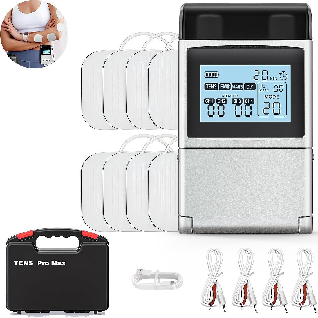 Masaje de pulso del estimulador muscular Tens EMS de modo 60 con Perilla DIY ajuste de pantalla portátil de cuatro canales