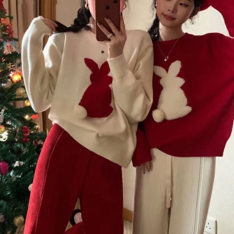 可爱兔子提花圣诞毛衣女2025春秋冬新款甜美韩版针织衫减龄上衣女