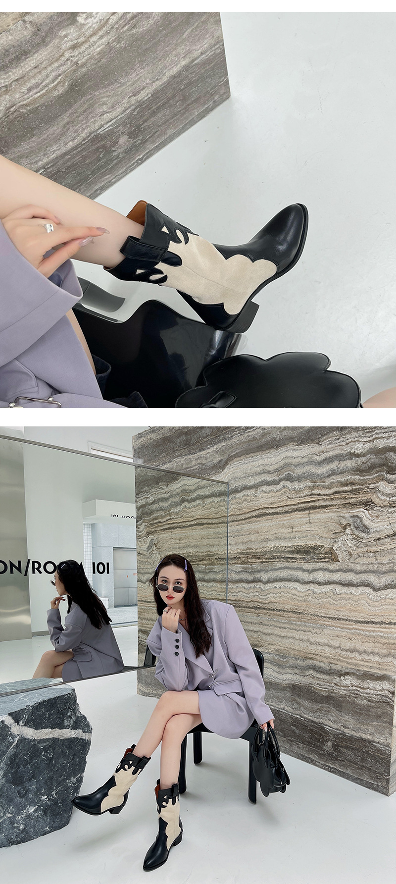 2024 Fashion Pointed Korean Edition Temperament Splicing Simple and Versatile Sleeve Thick Heel Short Boots for Women_voghion.com