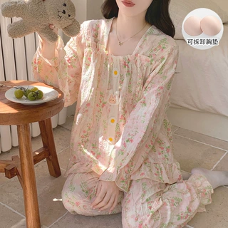 云朵棉睡衣女带胸垫春秋季新款公主风碎花长袖长裤宽松家居服套装