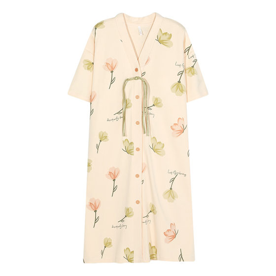 [with chest pad] nightgown women's summer cotton short sleeve mid-length thin pajamas cardigan summer wear home clothes