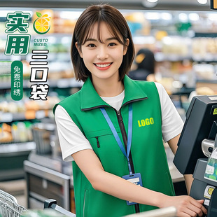 Fruit Fresh Supermarket Workwear Vest Delivery Cashier Employee Zipper Pocket Advertising Vest Green Custom