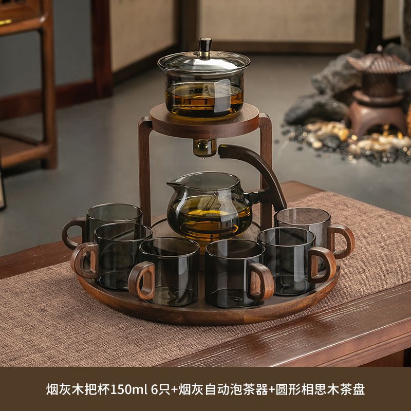 재 자동 차 메이커 + 나무 손잡이 컵 6개 + 아카시아 나무 원형 차 트레이