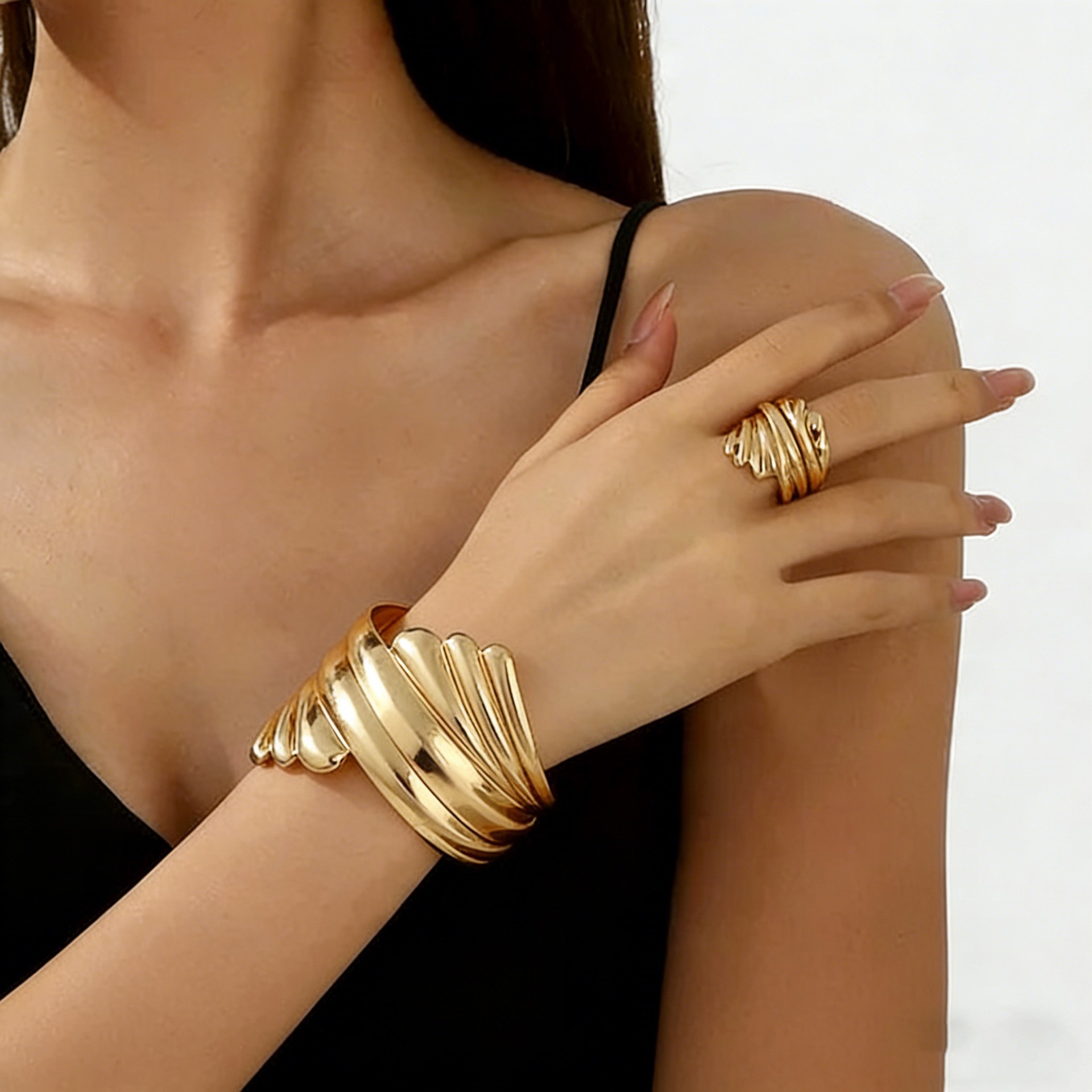 Moda transfronteriza europea y americana personalidad creativa metal geométrico cuadrado apertura ajustable pulsera femenina anillo conjunto de joyería image 19