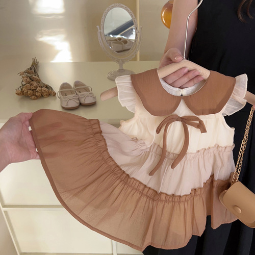 Girls Korean style contrasting lapel cake skirt for children and middle-aged children summer fashionable children's lapel sleeveless vest dress foreign trade