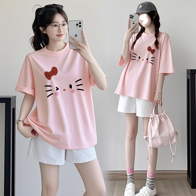 Age-Reducing Cute and Sweet Pink Maternity Tops for Women Summer Short-Sleeved T-Shirts Petite Casual Shorts Two-Piece Suit
