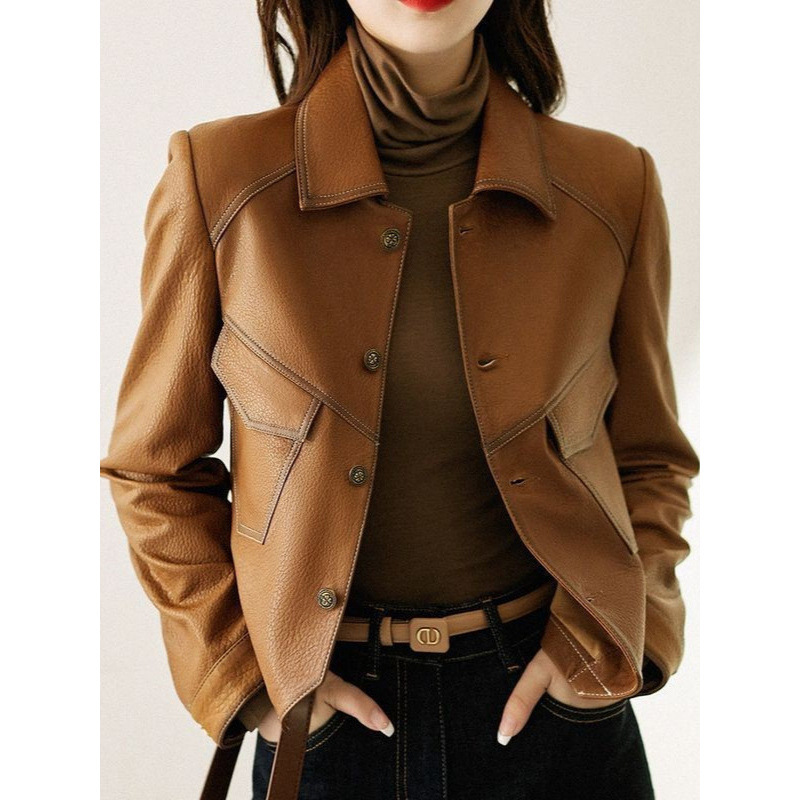 New women's leather jacket, casual, with a turn-down collar, thin and short style, stylish and elegant, American retro biker jacket for women New women's leather jacket, casual, with a turn-down collar, thin and short style, stylish and elegant, American retro biker jacket for women