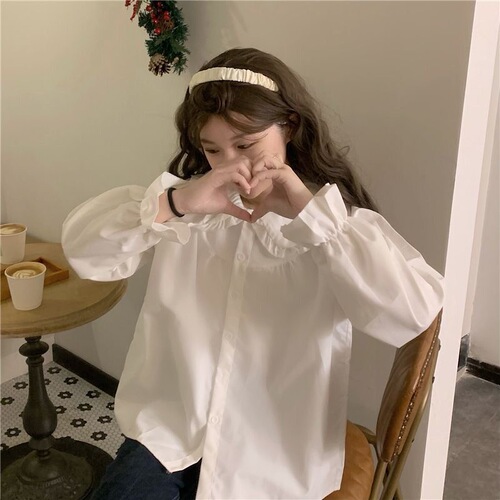 Spring French-style long-sleeved new baby collar blouse for women, student Korean version loose and versatile Japanese design white blouse