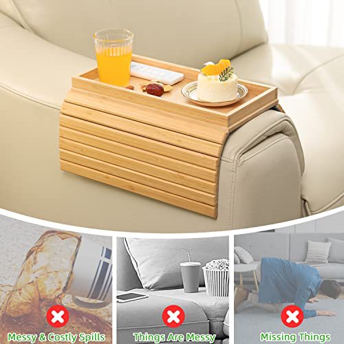 Sofá reposabrazos bandeja de bambú plegable anti-caída bandeja de almacenamiento bandeja de reposabrazos laterales bandeja de almacenamiento image 5