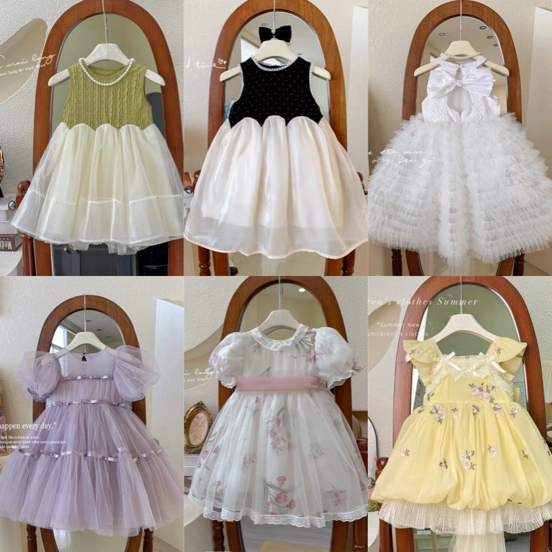 Платье для девочек, лето 2025, новая модель, супер-казуальное, с сетчатой цветочной юбкой, модное, с пышными рукавами, платье принцессы