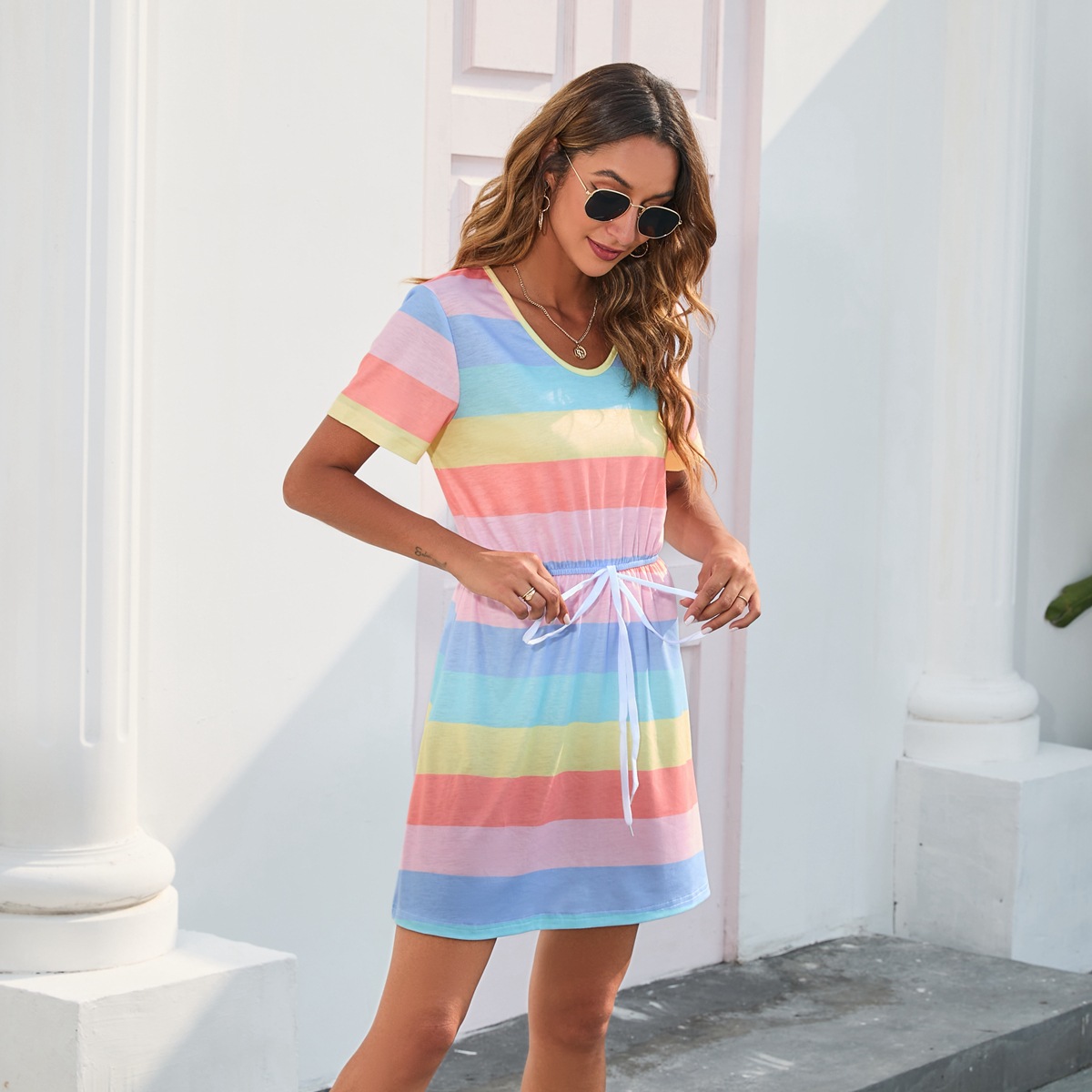 Women Round Neck Striped Printed Jumpsuit Short Sleeve Pajamas Casual Dress