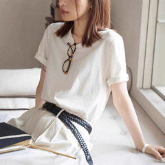 『白描』『綿の中のソフト』ベーシックモデル2025新作レディース夏半袖Tシャツトップス