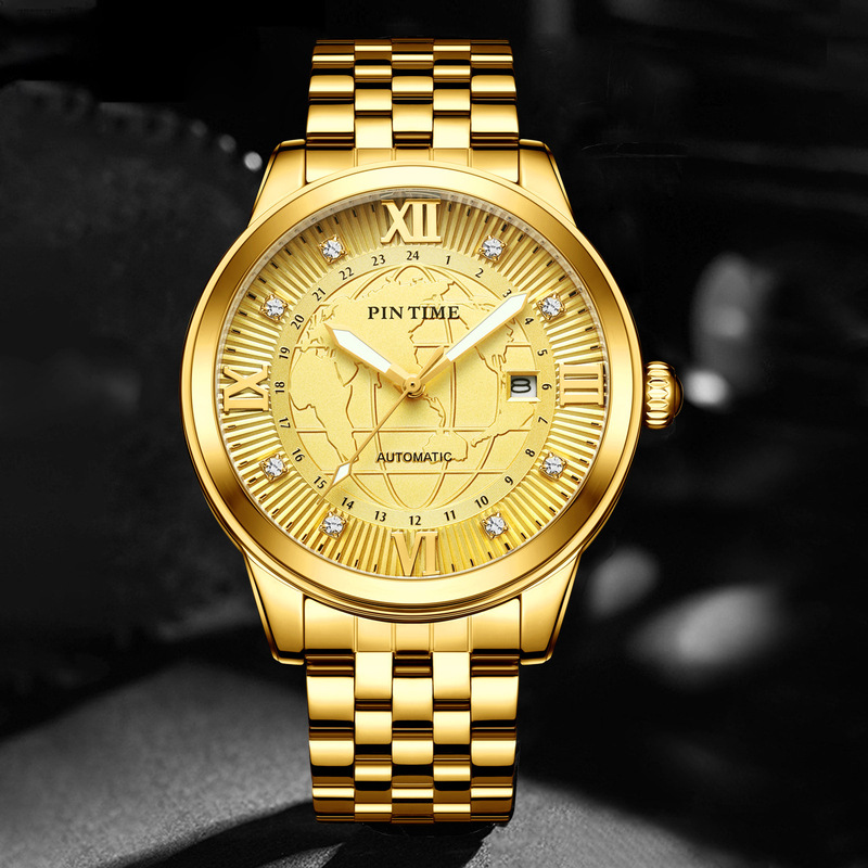 Pinshi Watch Men's Mechanical Watch Fully Automatic Men's Watch Light Luxury Business Mechanical Gold Watch Men's High-End Waterproof Men's Watch