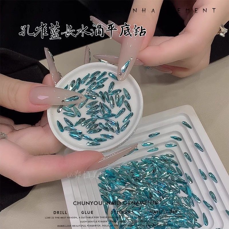 New Peacock Blue Flat-Bottomed 2X6Mm Long Water Drop Nail Art Rhinestones in Light Lake Blue, Fine Water Drop Shape, Enhance Nail Appearance