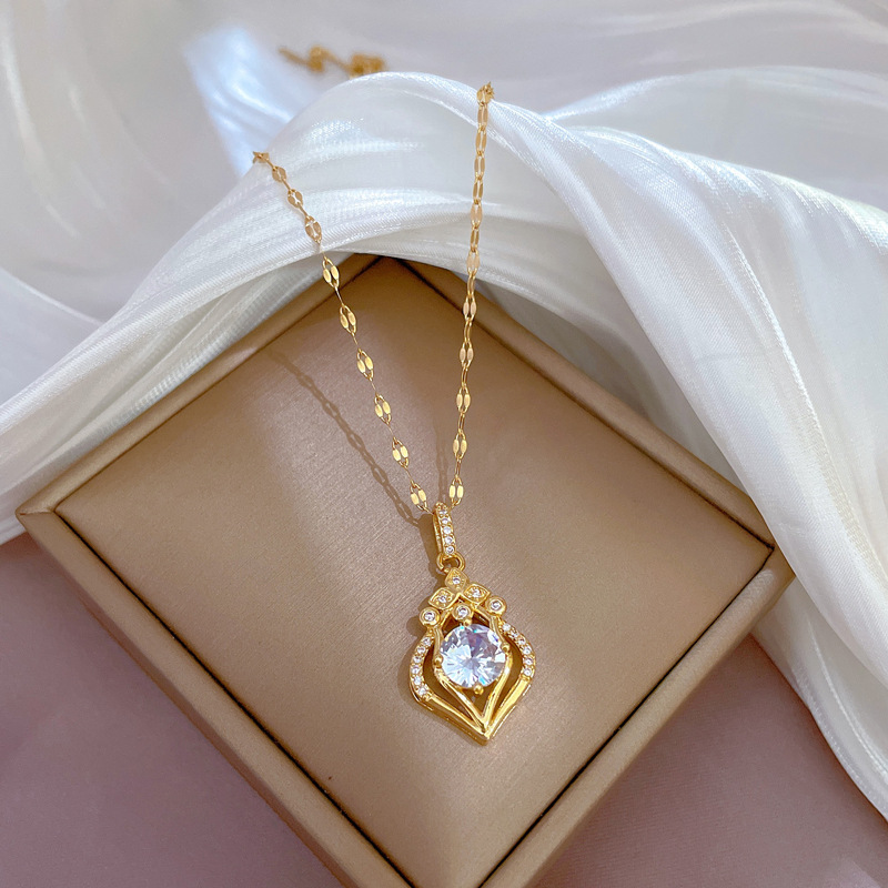 Damen Wassertropfen Halskette Mit Edelstein Aus Edelstahl Gold_voghion.com