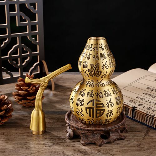Pure brass Baifu gourd ornaments with upper and lower openings, hollow Fu word large gourds, living room wine cabinet decoration Fulu ornaments