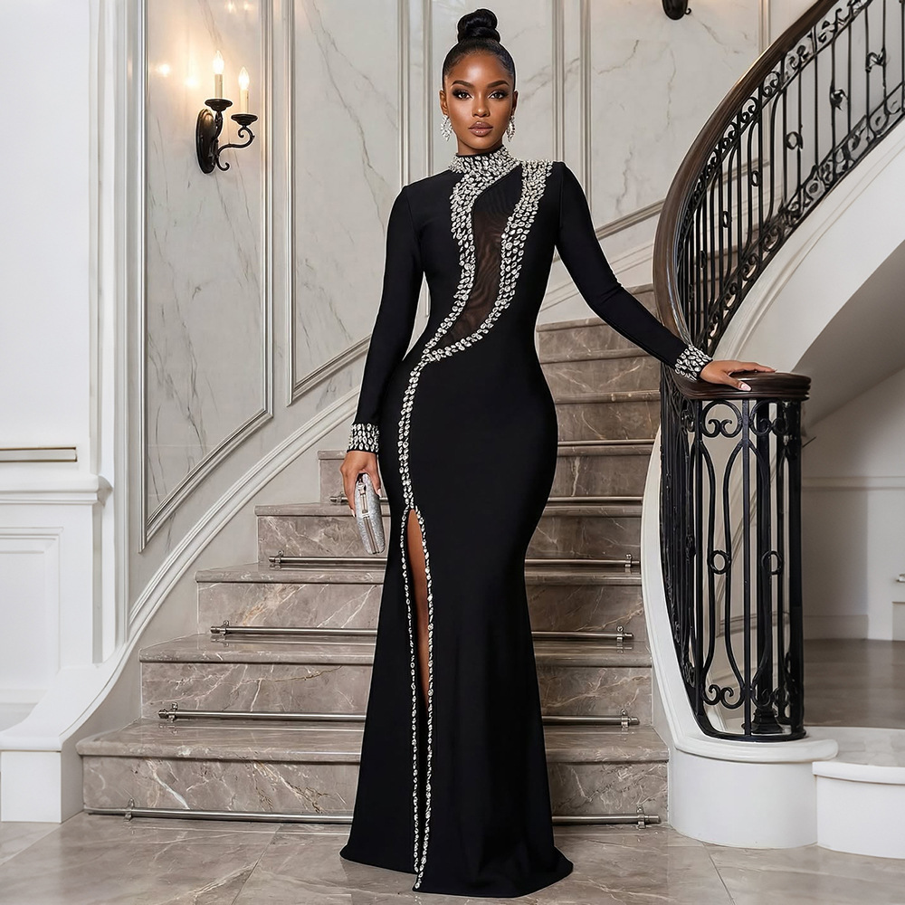 CY902278 European and American fashion high-neck long-sleeve dress, slit rhinestone long dress, foreign trade formal dress for women