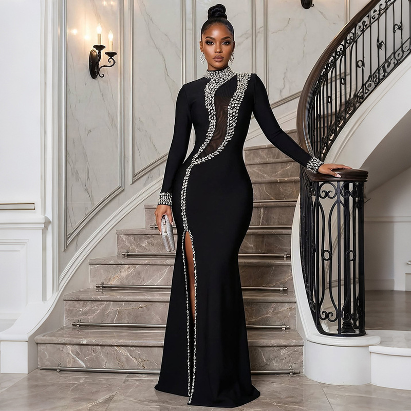 CY902278 European and American fashion high-neck long-sleeve dress, slit rhinestone long dress, foreign trade formal dress for women CY902278 European and American fashion high-neck long-sleeve dress, slit rhinestone long dress, foreign trade formal dress for women