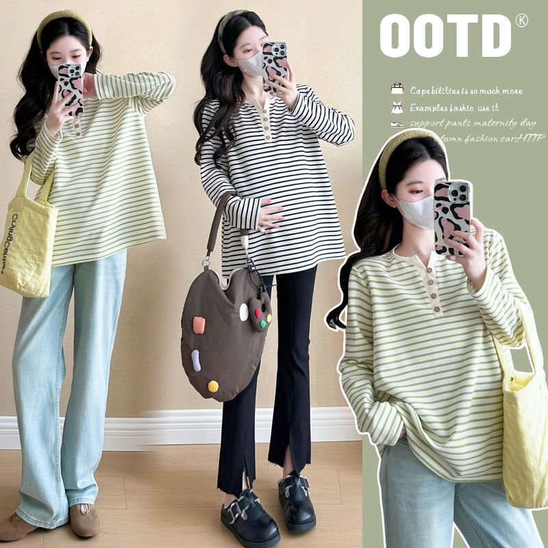 Maternity T-Shirt for Women, New Korean Style Loose Plus-Size Long-Sleeve V-Neck Striped Age-Reducing Casual Maternity Top for Spring and Autumn Maternity T-Shirt for Women, New Korean Style Loose Plus-Size Long-Sleeve V-Neck Striped Age-Reducing Casual Maternity Top for Spring and Autumn