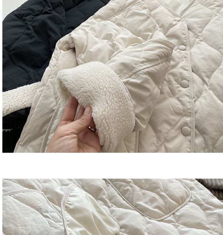 Collarless lamb wool splicing light and thin winter Korean version loose small fragrant dia plaid warm cotton jacket_voghion.com