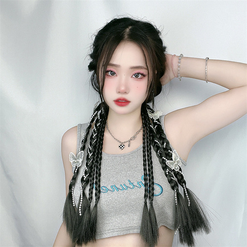 Factory direct sales ponytail wig for women Korean style long hair pearl twist braid strap type simulated fish bone double ponytail