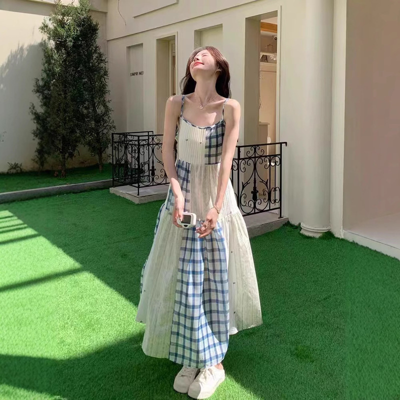 High-Quality Niche Simple Blue Plaid Loose Cotton-Linen + Cotton Mori Long Design Pleated Dress