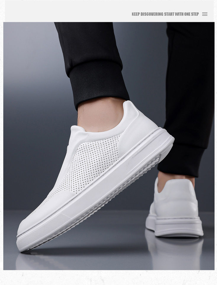 Giày sneaker nam cổ thấp lười xỏ thoáng khí, đế cao su chống trượt, phối màu trắng đen — Màu trắng, màu đen chi tiết 17