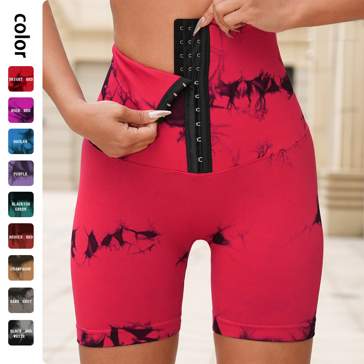 Nuevo producto transfronterizo: Shorts de yoga con botones, efecto moldeador de abdomen, cintura alta, levanta glúteos, con estampado tie-dye, shorts deportivos sexys de secado rápido para mujer.