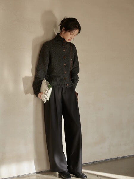 欧范洋气100%纯羊毛开衫女高领短款宽松上衣羊绒针织立领毛衣外套