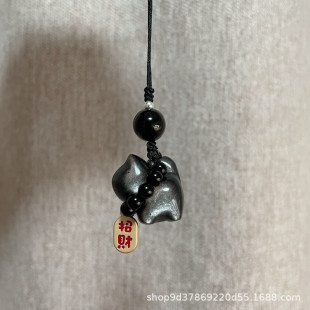 Silver obsidian obsidian lucky cat mobile phone pendant DIY accessories natural personality creative bag pendant mobile phone chain