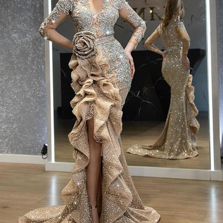 New Cross-Border Women's Fashion Independent Site Ebay Sexy Gold-Spattered Long-Sleeve Evening Gown with a Train New Cross-Border Women's Fashion Independent Site Ebay Sexy Gold-Spattered Long-Sleeve Evening Gown with a Train