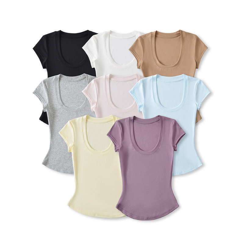 American Spice Girls Solid Color Shoulder U-Neck Lyocell Tencel Short-Sleeved T-Shirt Women's Summer Tight Waist Slimming Elegant Arc-Edge Top