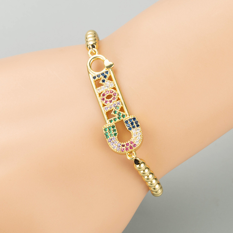 Fashion Letter Mom Pin Shape Copper Inlaid Zircon Bracelet Wholesale display picture 2