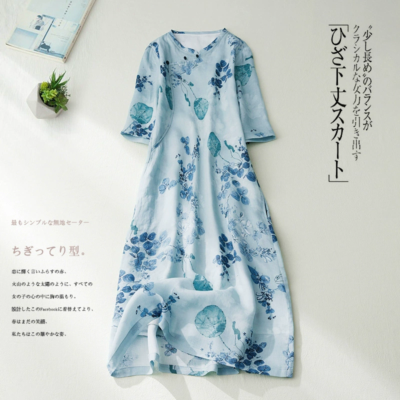 Экспортное платье-чонсам для женщин 2025 года, новый стиль, литературный ретро-стиль, хлопок и лен, улучшенная модель с вырезом на этикетке.