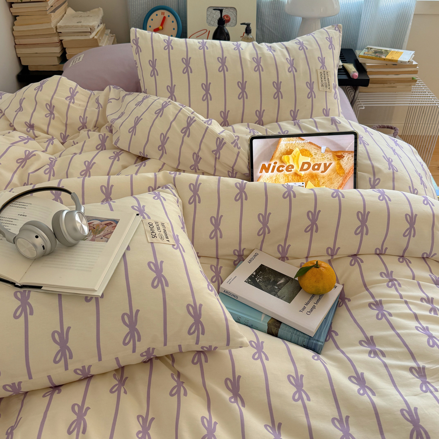 Todo algodón INS blogger estilo coreano arco de algodón cuatro piezas en casa dormitorio cama de tres piezas cubierta de edredón de piel