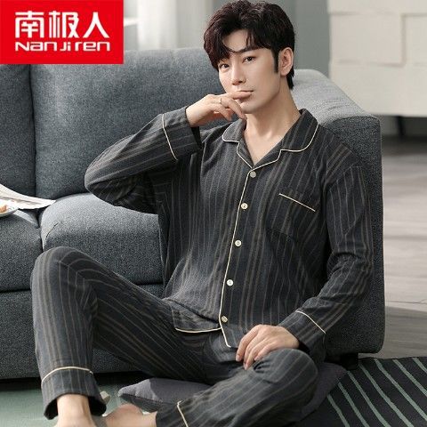 Pijamas de los hombres manga larga 100% algodón primavera, otoño e invierno algodón flojo más tamaño traje desgaste del hogar