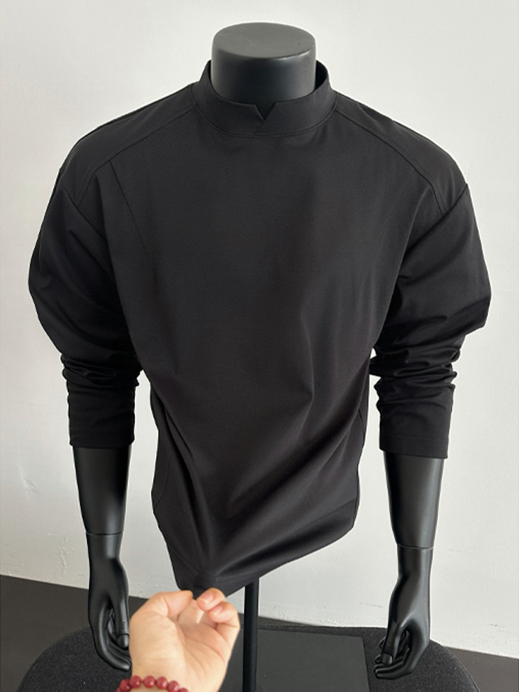 Men's V-neck Patchwork Long Sleeve T-shirt Boxy Oversized Top_voghion.com