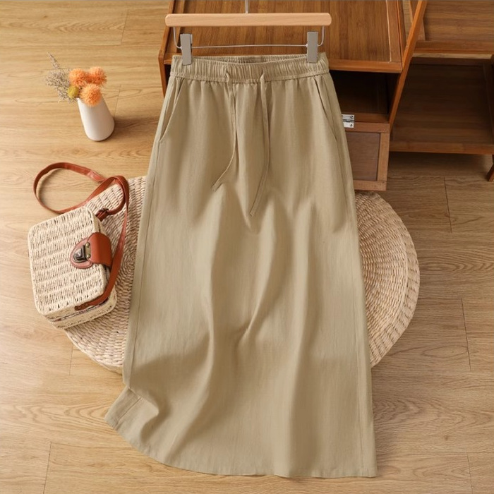 Tencel Linen Skirt for Women, Summer Thin Style, 2026 New Mid-Length Cotton-Linen A-Line Skirt with Slit, Straight Cut