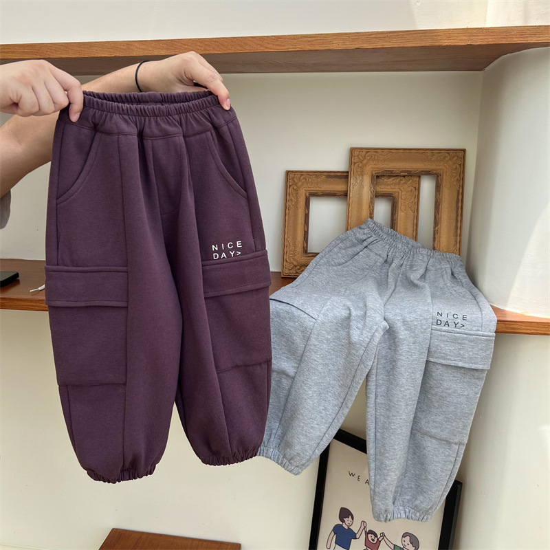 Pantaloni da lavoro e da sport per bambini autunnali 2024 per ragazzi e ragazze, tinta unita, con grandi tasche e lettere_voghion.com