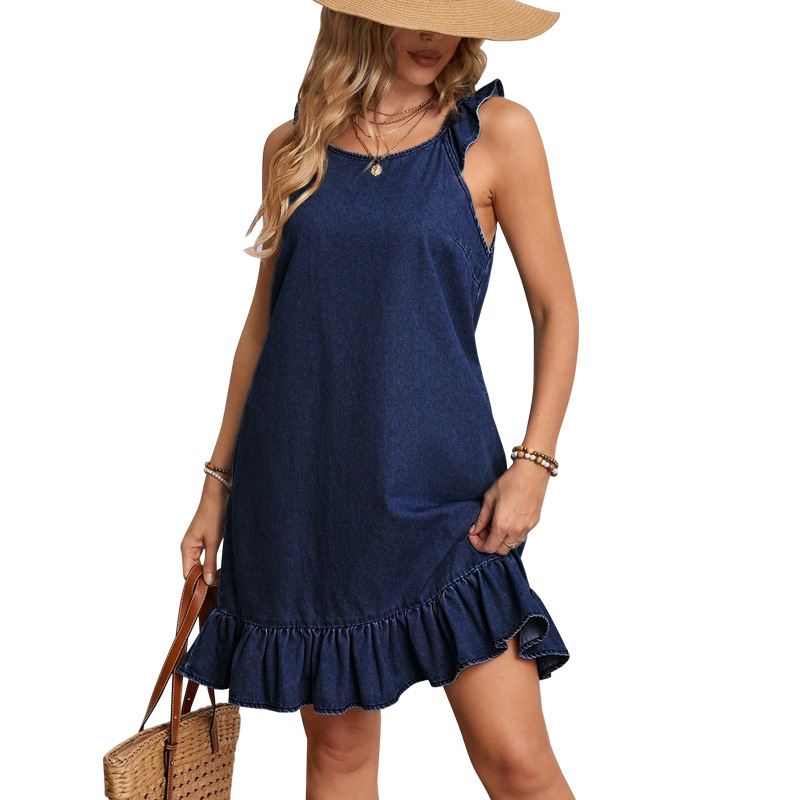 Women's Denim Dress round Neck Sleeveless Pleated Hem Skirt 218586 Cross Border Style Factory Direct Sales Summer Regular Size_ecoleips.com