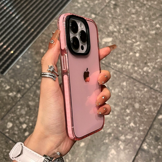 Чехол для телефона (совместим с Apple iPhone 17) прозрачный подушкообразный силикон с цветным ободком, защита камеры