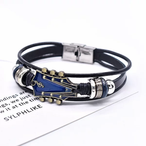 European and American Zinc Alloy Music Guitar Leather Bracelet Flag Color Oil Dropping Stainless Steel Buckle Braided Leather Bracelet