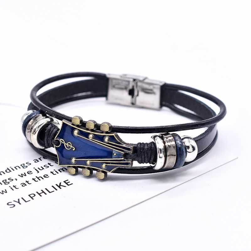 European and American Zinc Alloy Music Guitar Leather Bracelet Flag Color Oil Dropping Stainless Steel Buckle Braided Leather Bracelet
