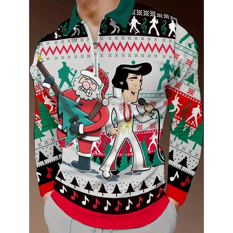 Divertido rock Santa Mike Jackson estampado 3D hombre calle todo fósforo cremallera camisa POLO de manga larga