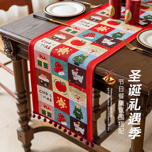 Cross-Border New Santa Claus Tablecloth Atmosphere Decoration Imitation Cotton and Linen Six-Person Table Long Cloth Christmas Table Flag